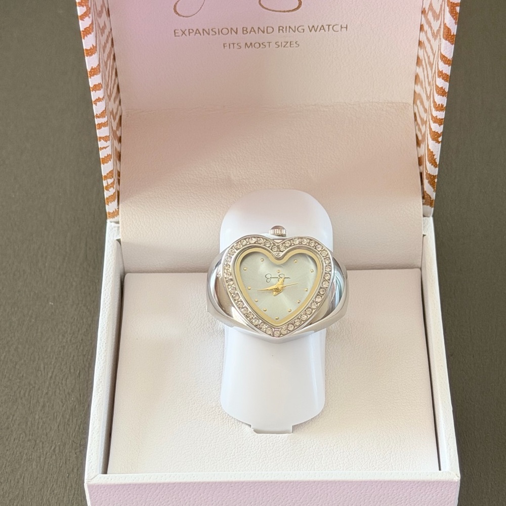 Jessica Simpson Women's Silver Tone Stainless Steel Stretch Fit Heart Ring Watch
